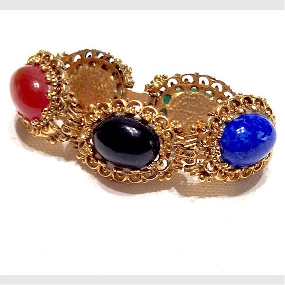 60’s Chunky Faux Gemstone Link Bracelet Vintage - Picture 7 of 7